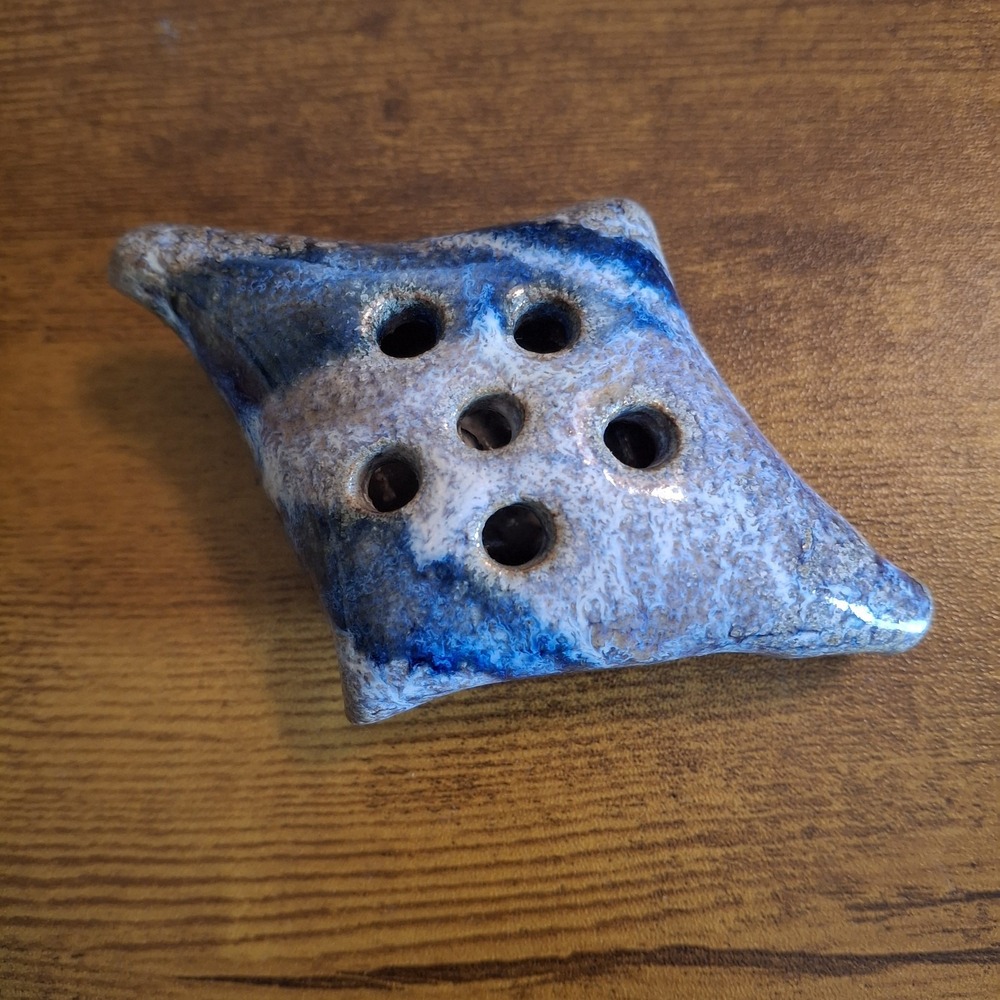 Vintage Mid Century Studio Pottery Flower Frog Pillow Shape Blue Drip Glaze 4 In